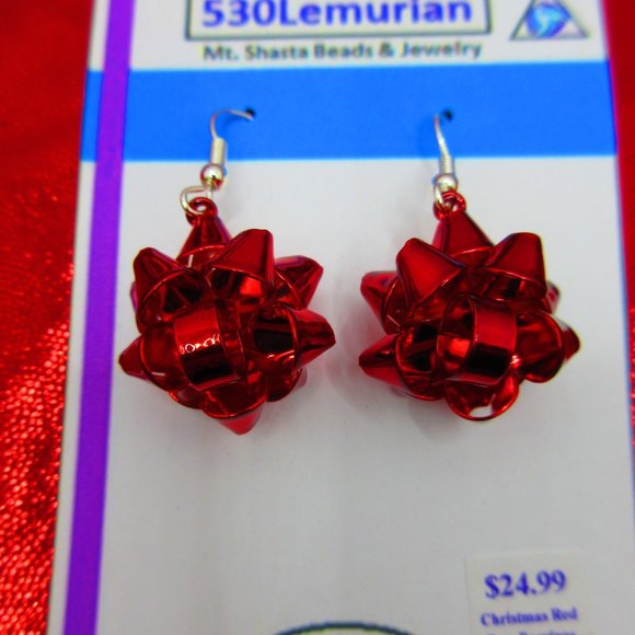 Red Christmas Bow Dangle Earrings - Picture 2 of 2